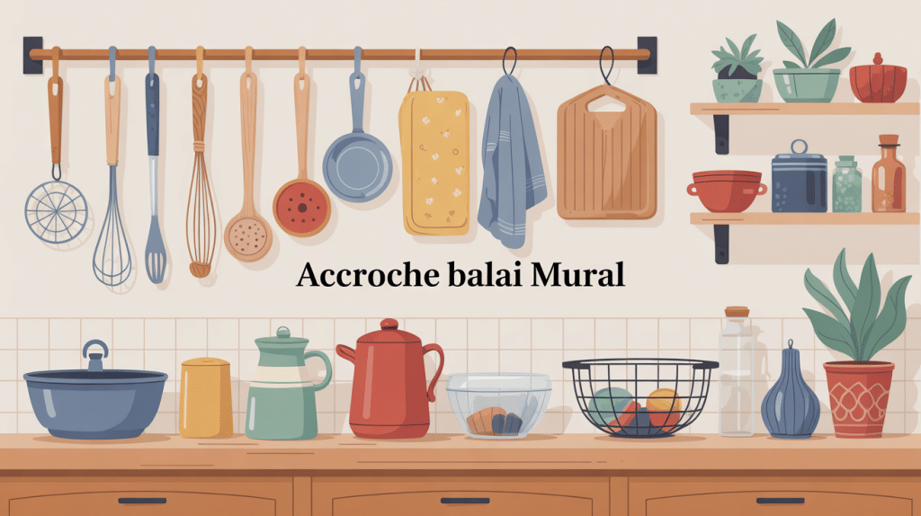 Illustration accroche balai mural en buanderie stylisée