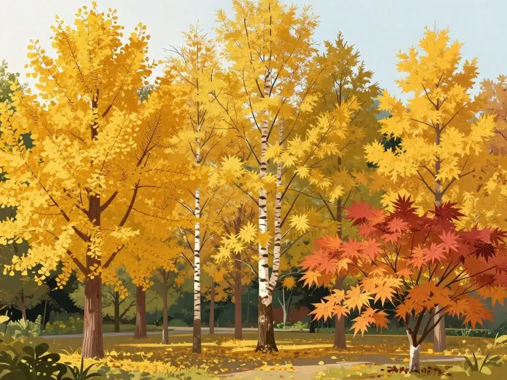 variété arbre feuillage jaune automne ginkgo érable bouleau