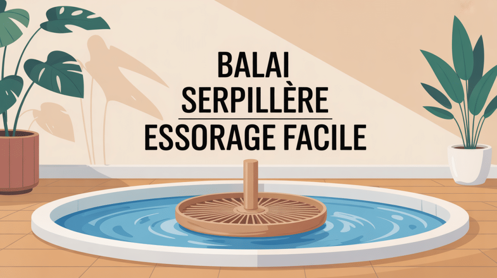 Illustration balai serpillère essorage facile et seau sur sol lumineux