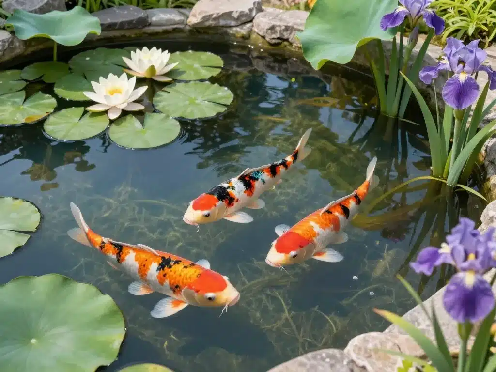 bassin japonais avec carpes koi et plantes aquatiques