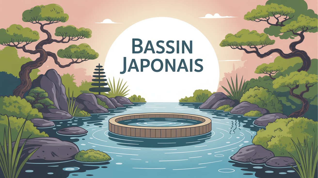 bassin japonais central avec pierres et bambous