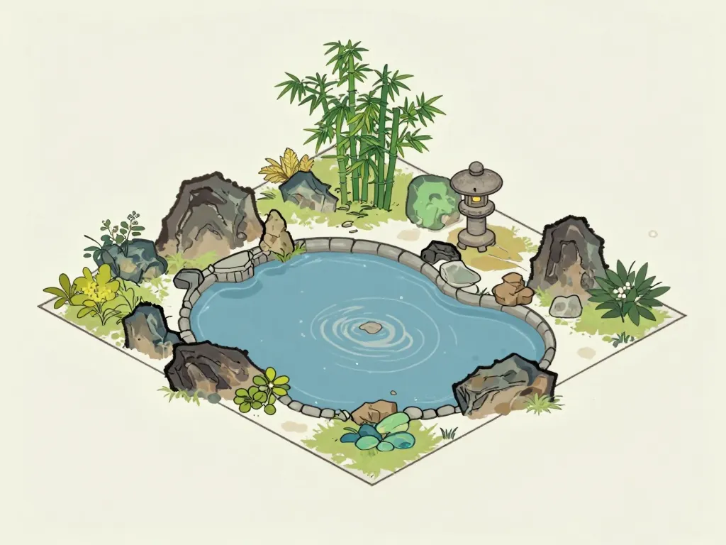 plan conceptuel bassin japonais équilibré avec rochers
