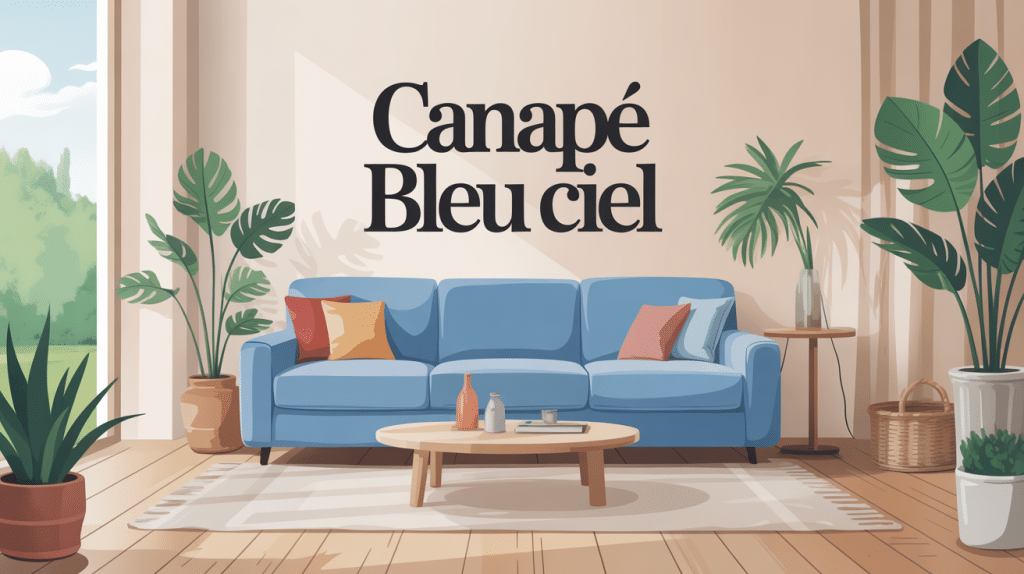 canapé bleu ciel au centre d’un salon lumineux
