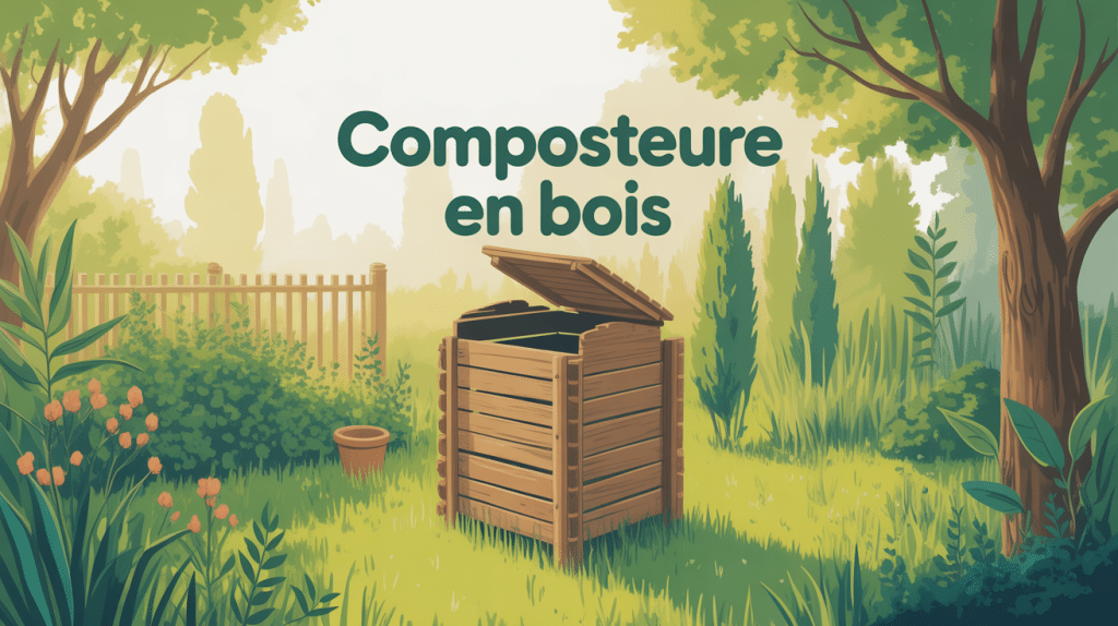 Composteur en bois au centre d'un jardin naturel