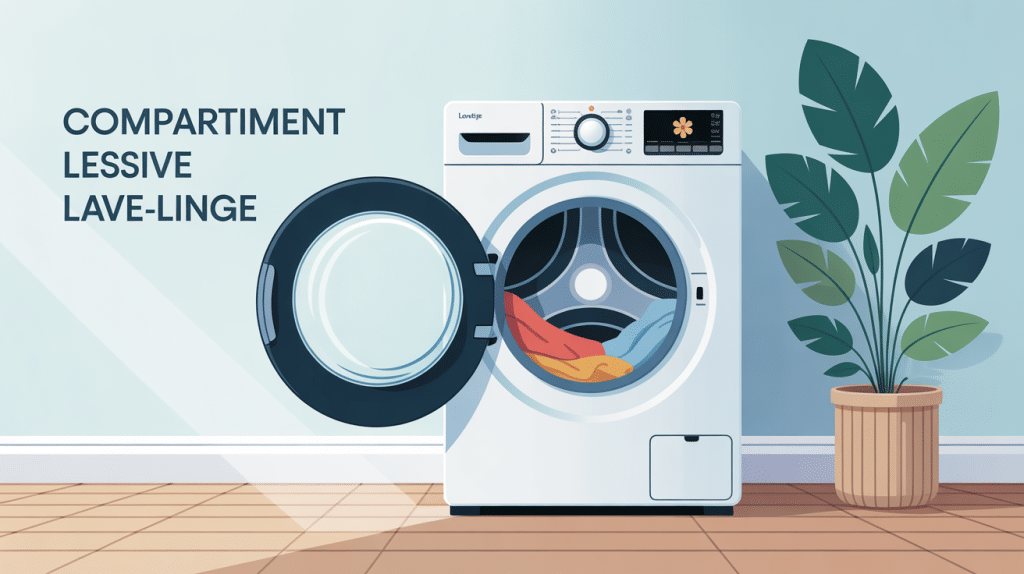 Illustration du tiroir de lave-linge ouvert montrant dans quel compartiment mettre la lessive