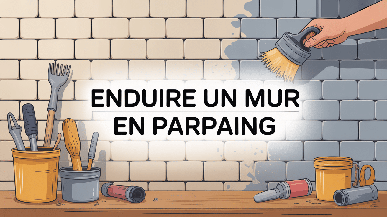 Illustration enduire un mur en parpaing avec outils de maçon