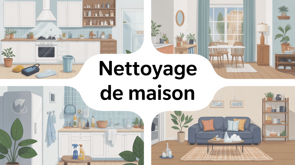 illustration globale nettoyage d'une maison avec outils écologiques