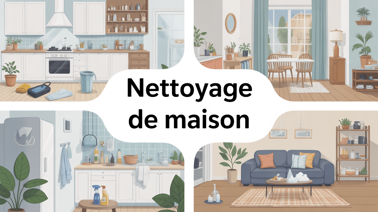 illustration globale nettoyage d'une maison avec outils écologiques