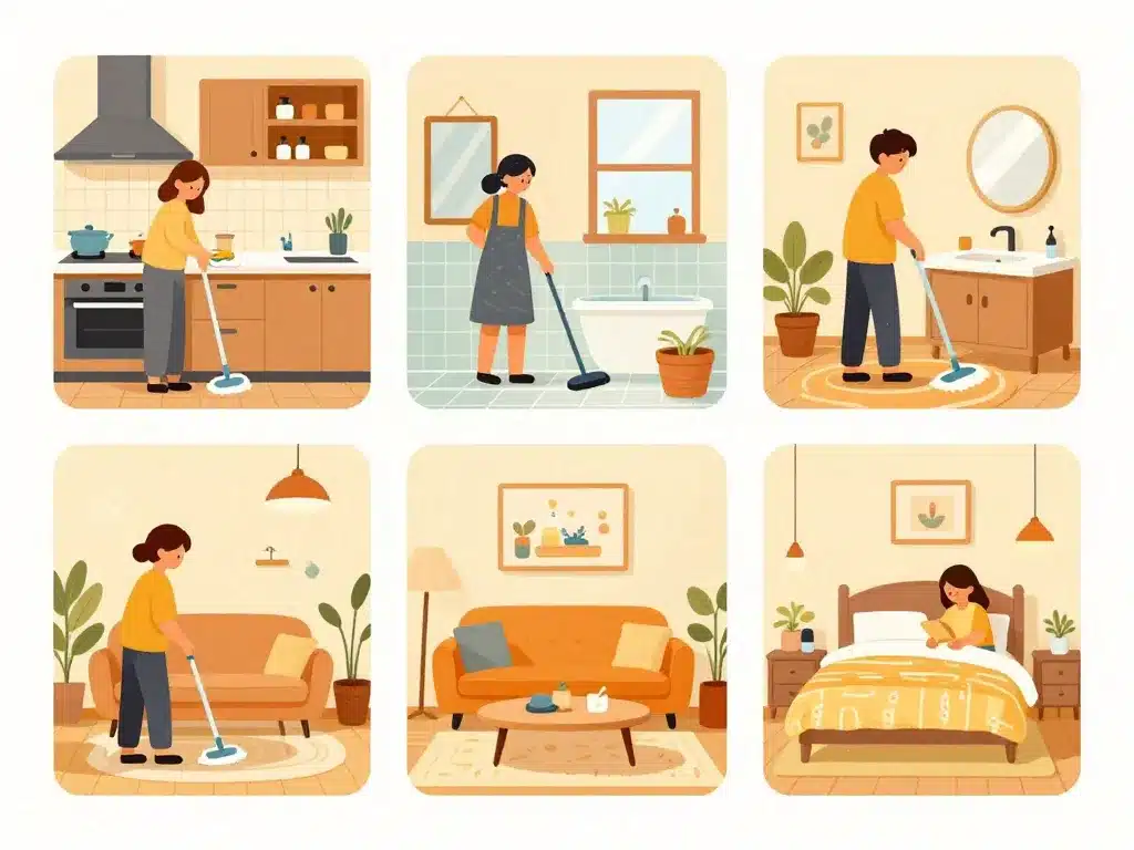 illustration nettoyage d'une maison pièce par pièce actions de ménage