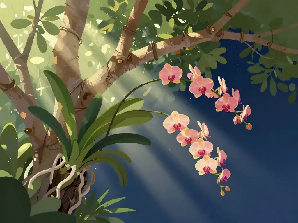 Noble dendrobium dans son habitat naturel sur branche avec fleurs