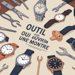 Illustration de différents outil pour ouvrir les montres réunis sur une table
