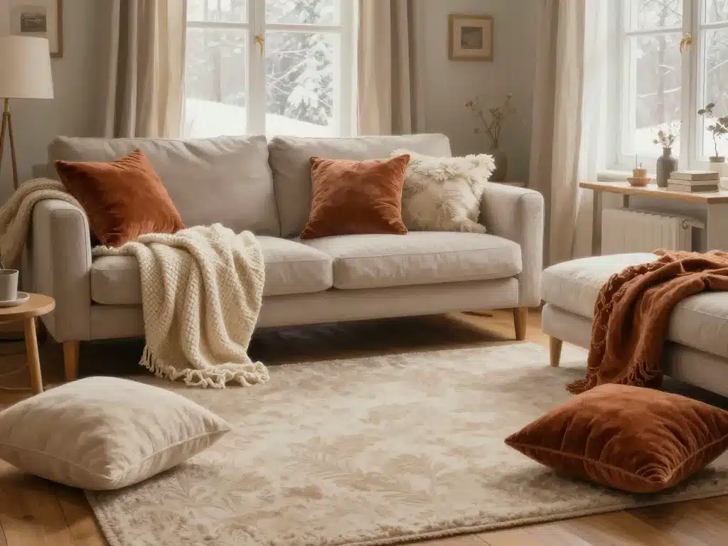 salon d hiver cosy tapis coussins bois et lumière