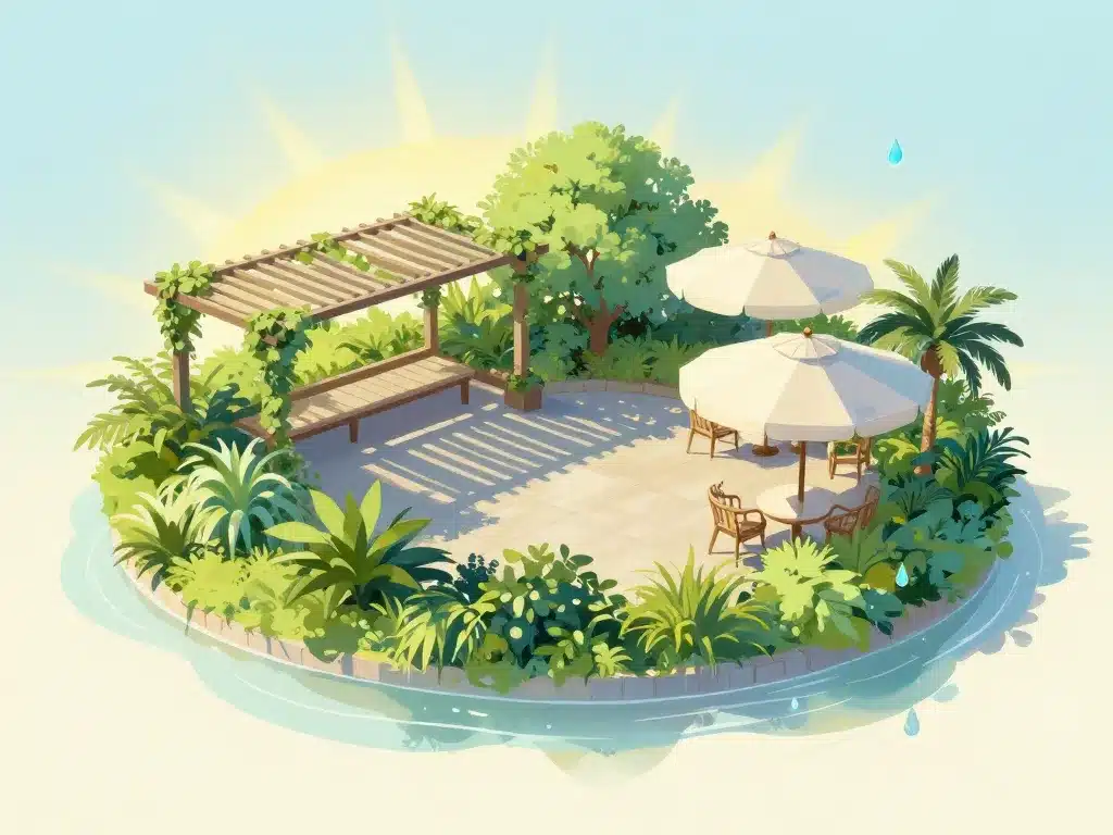 terrasse d'été oasis fraîcheur avec plantes et ombre