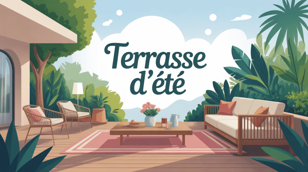 illustration terrasse d'été chaleureuse avec mobilier et végétation