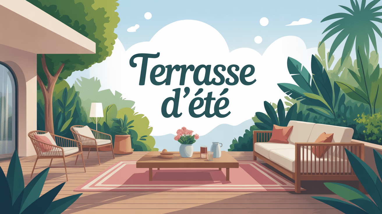illustration terrasse d'été chaleureuse avec mobilier et végétation