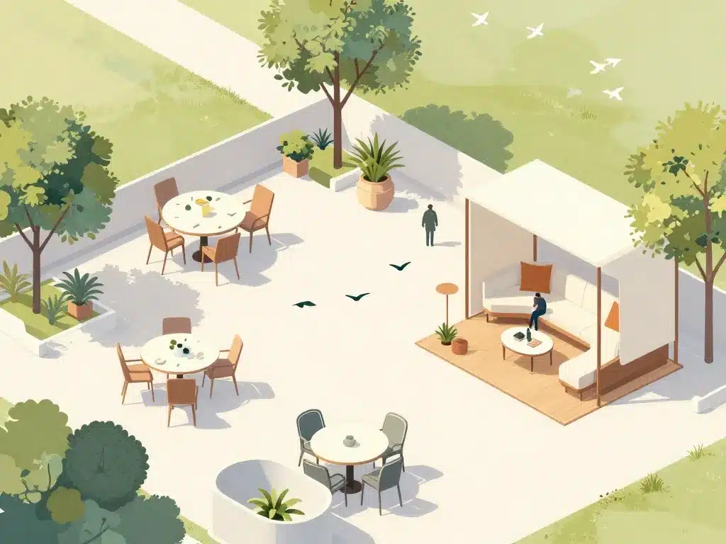 vue sur terrasse d'été organisée en plusieurs zones