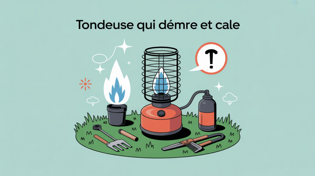 illustration tondeuse demarre et cale sur gazon avec outils