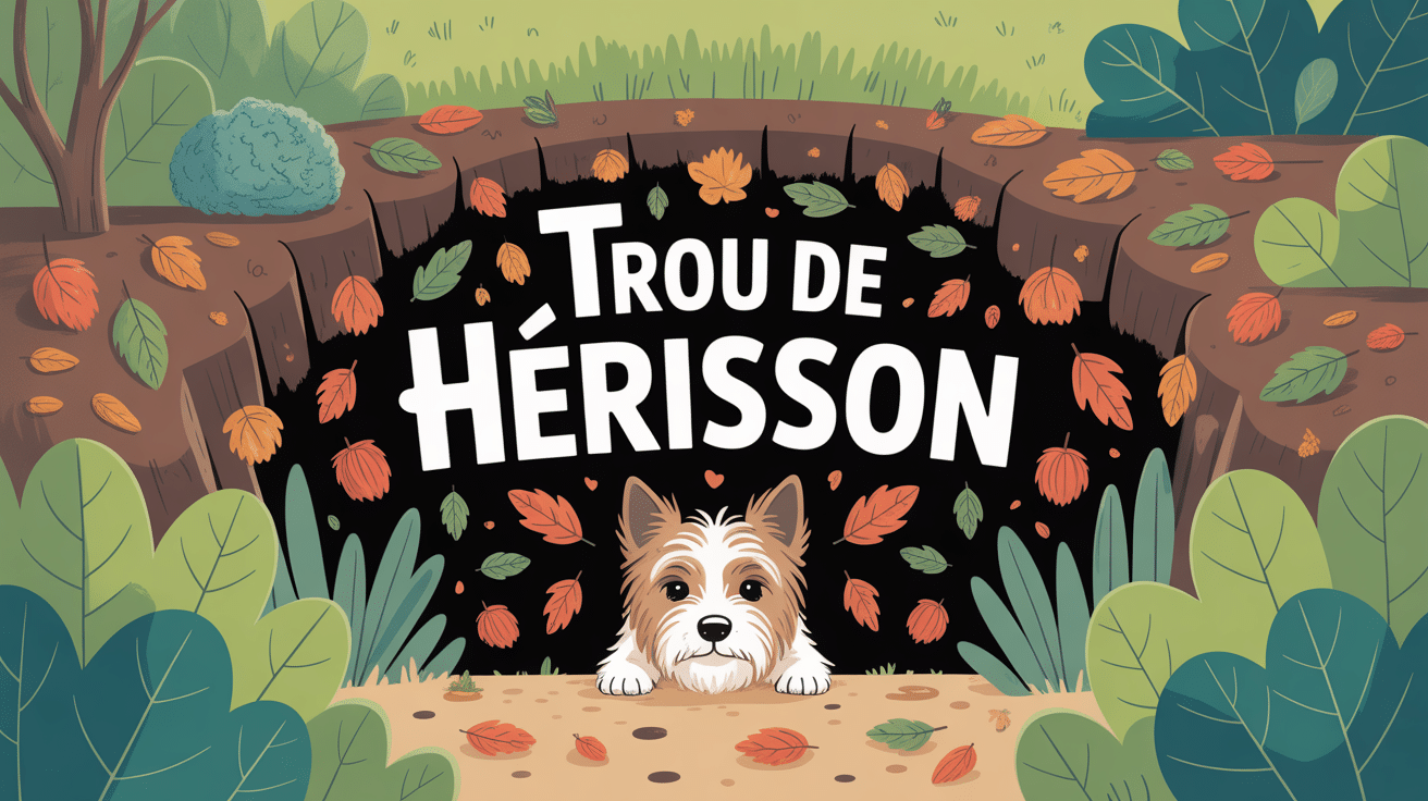 Illustration douce trou de hérisson dans le jardin avec feuilles et texte
