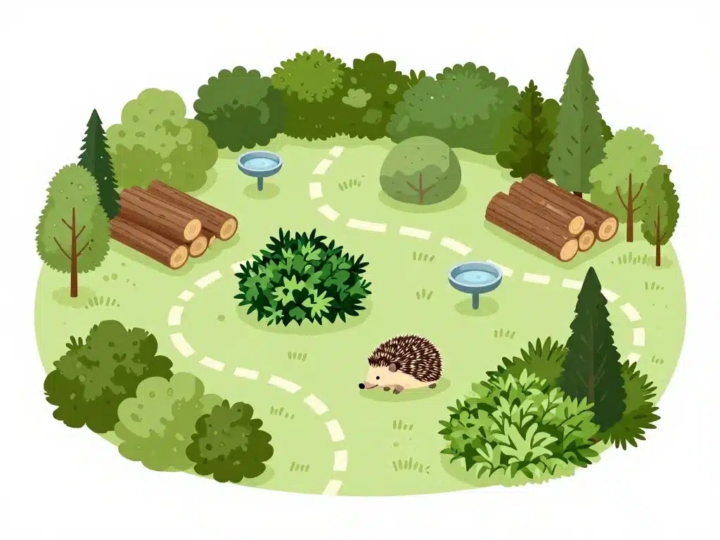 Jardin écologique pour hérisson avec abris, haies et refuges