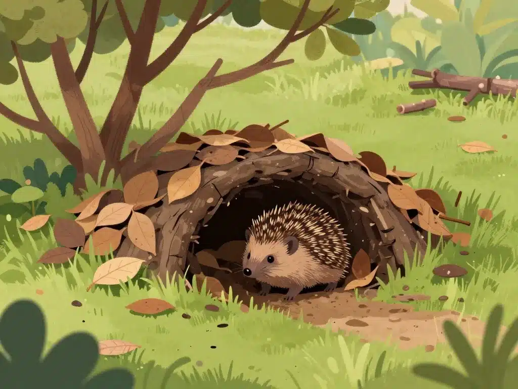 Terrier de hérisson dans le jardin, sous feuilles et branches, traces d'activité