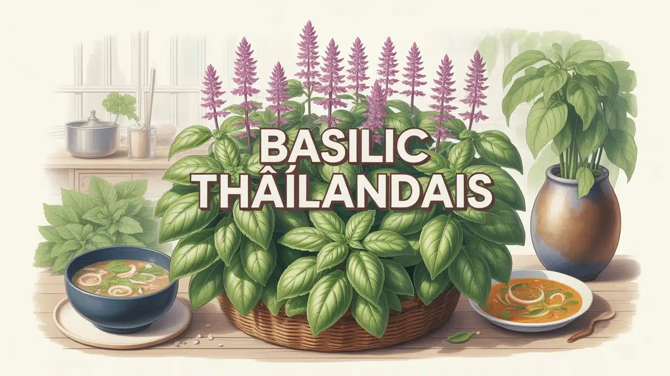 Plant de basilic thaïlandais avec tiges pourpres et feuilles vert vif