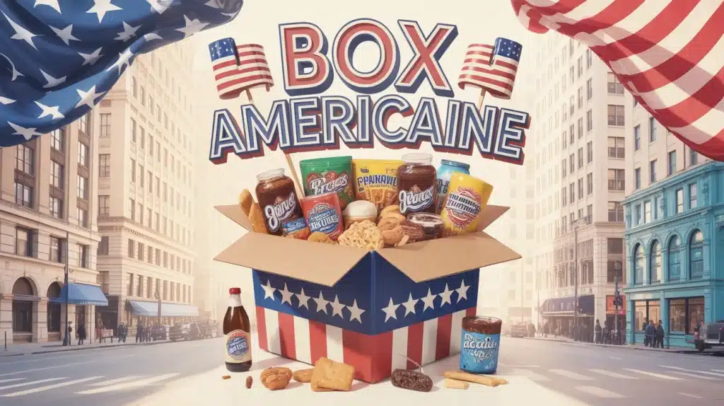 Box américaine ouverte avec snacks et éléments de pop-culture américaine