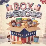 Box américaine ouverte avec snacks et éléments de pop-culture américaine