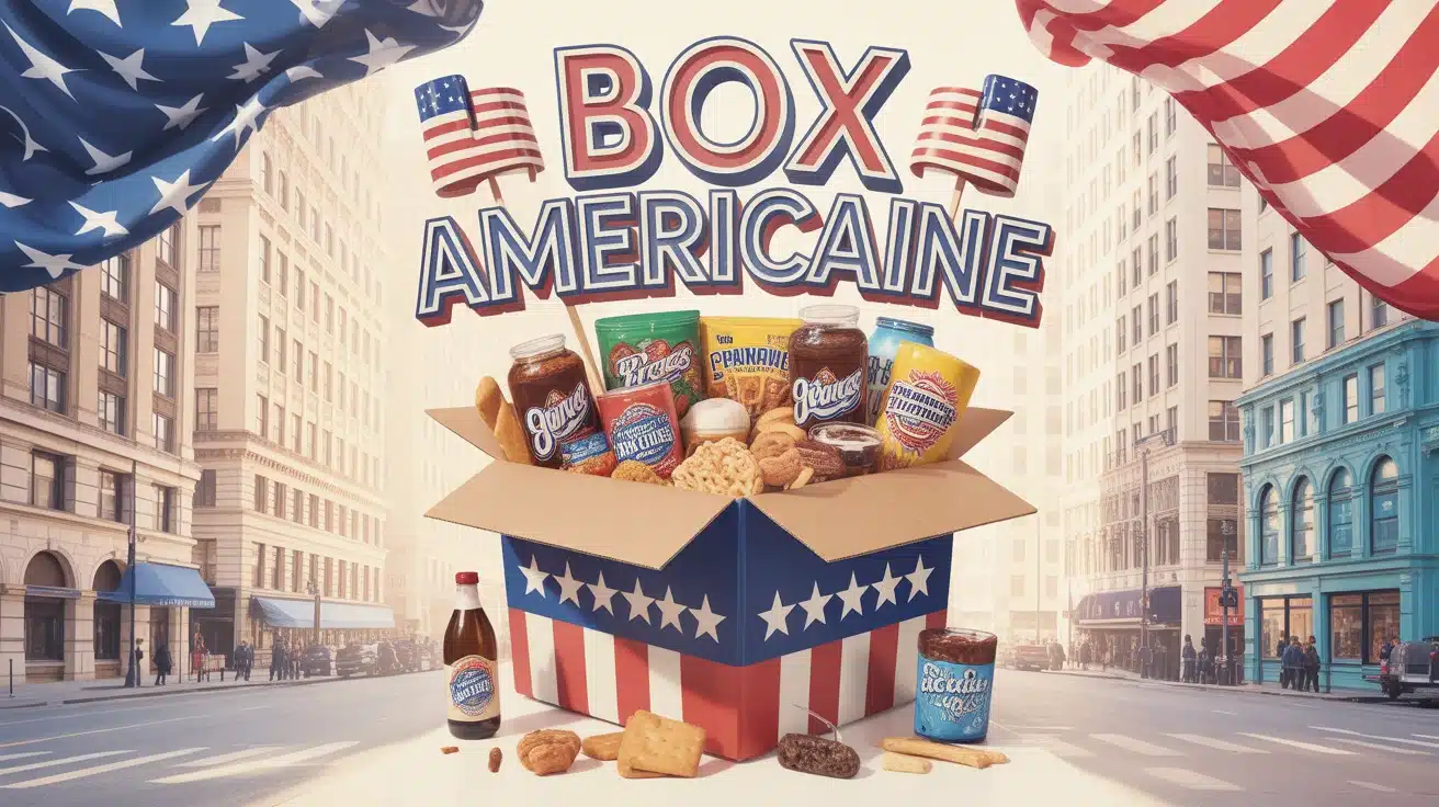 Box américaine ouverte avec snacks et éléments de pop-culture américaine