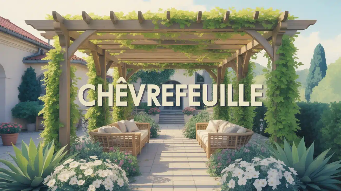 Pergola couverte de chèvrefeuille en pleine floraison avec feuilles vertes