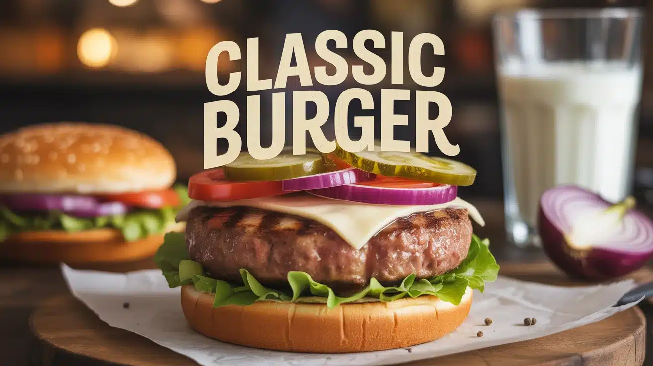 Illustration vectorielle classic burger avec steak juteux et bun brioché