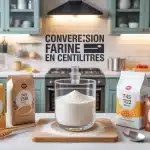 illustration cuisine avec ustensiles et verre doseur conversion farine en centilitres