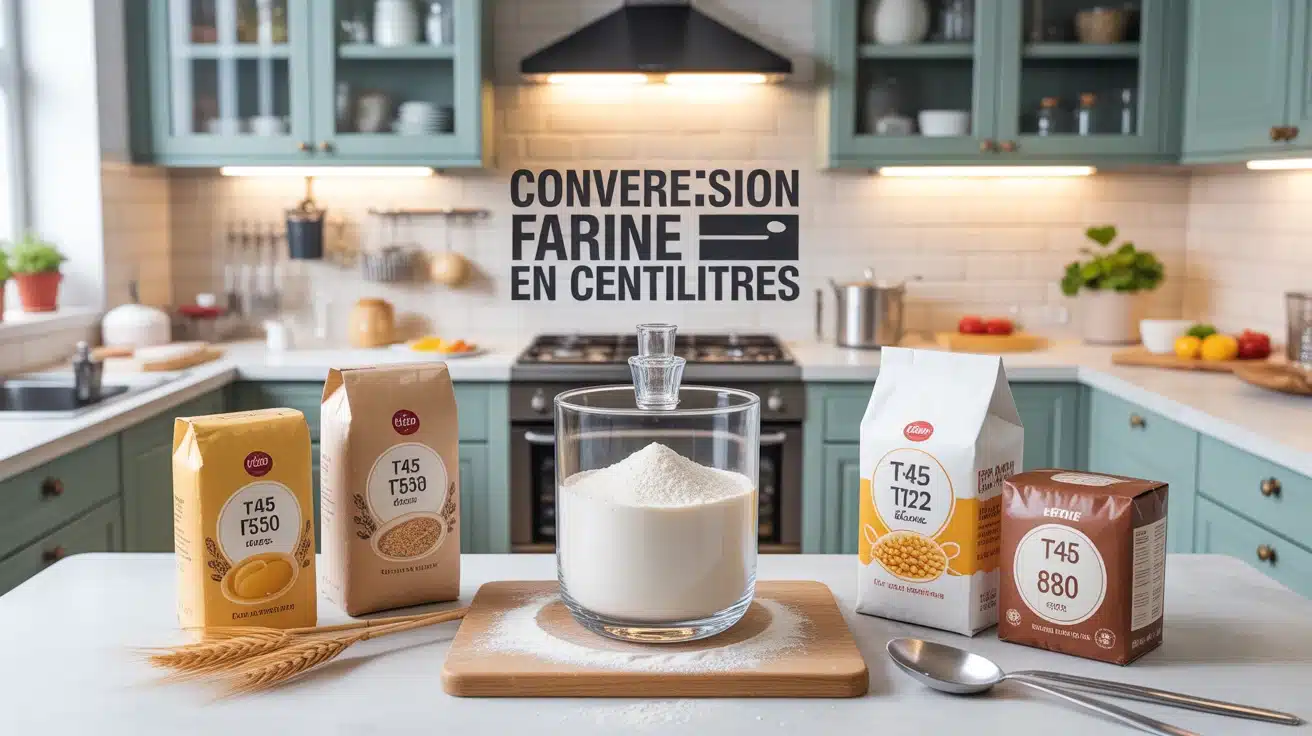 illustration cuisine avec ustensiles et verre doseur conversion farine en centilitres