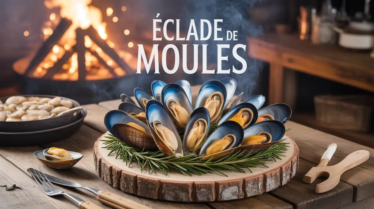 Rosace de moules avec dôme d aiguilles de pin enflammées pour éclade de moules