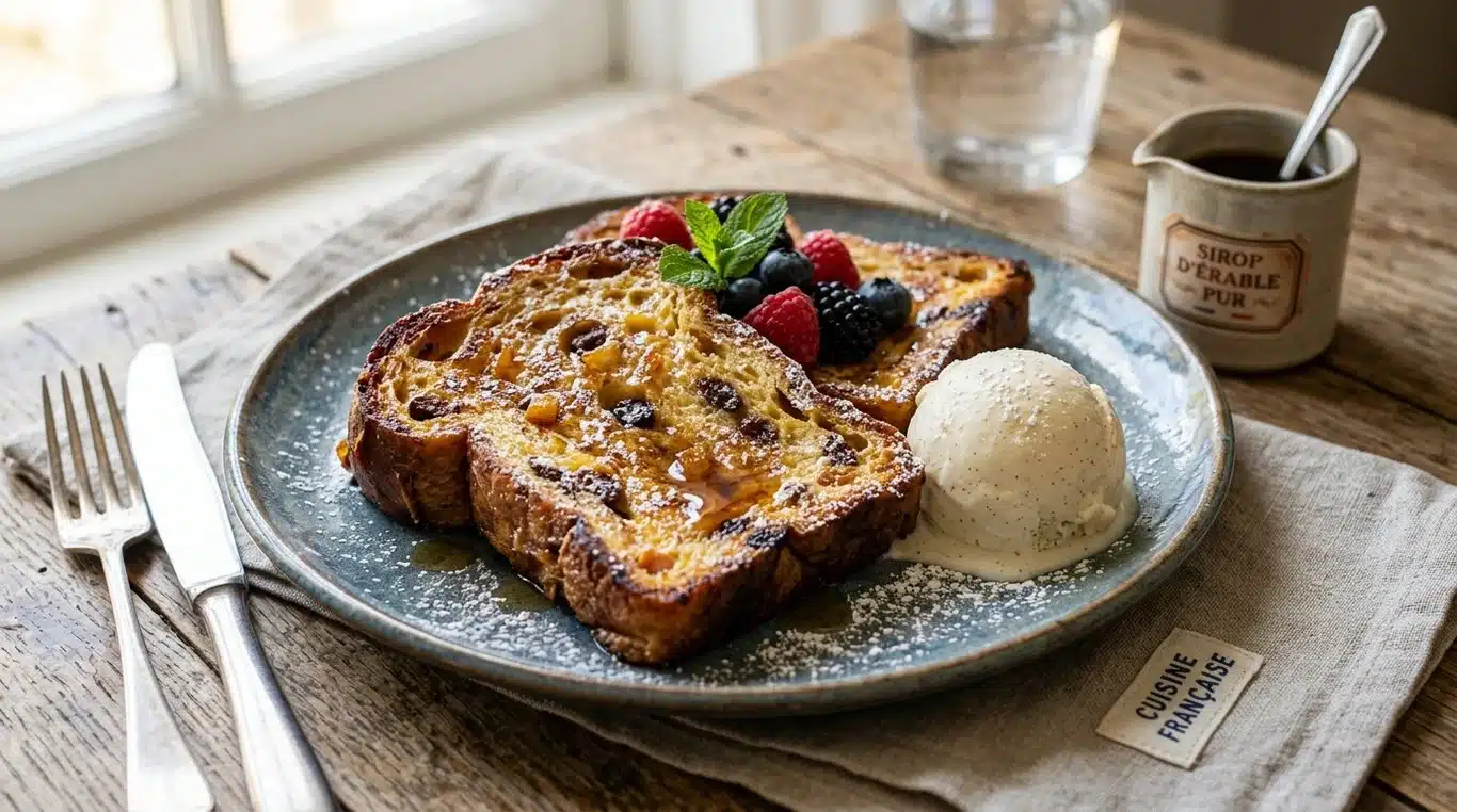 Panettone perdu gourmand servi avec une boule de glace vanille