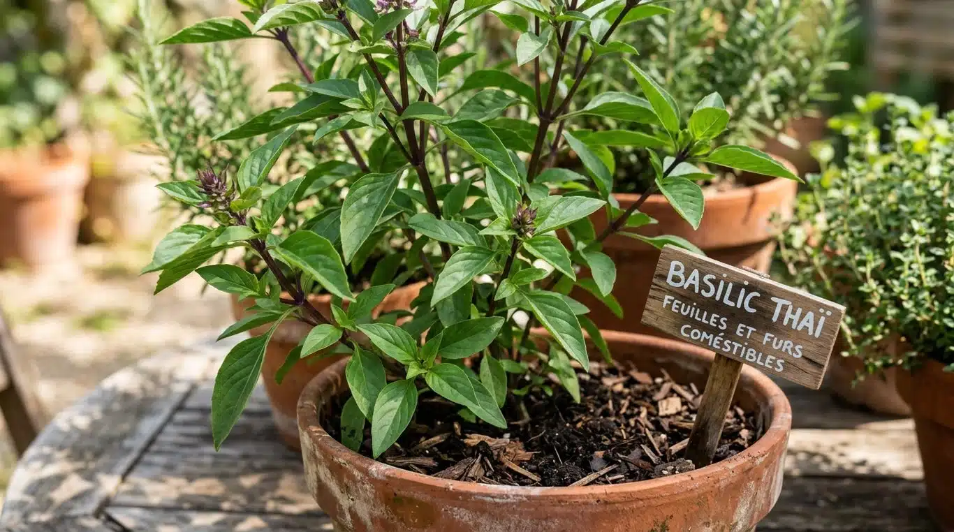 Plant de basilic thaïlandais avec ses tiges pourpres caractéristiques