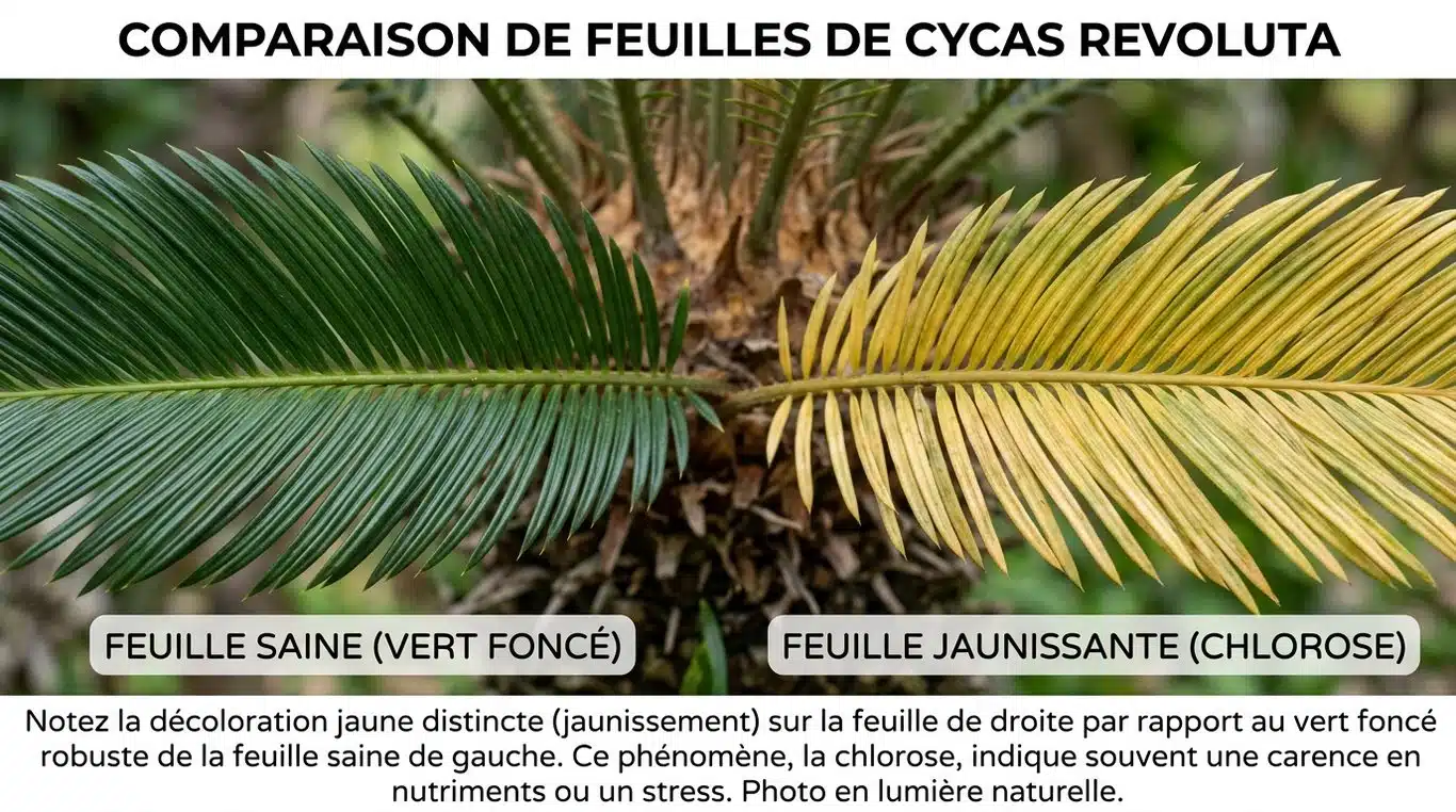 Comparaison entre une feuille de cycas saine et une feuille jaunissante