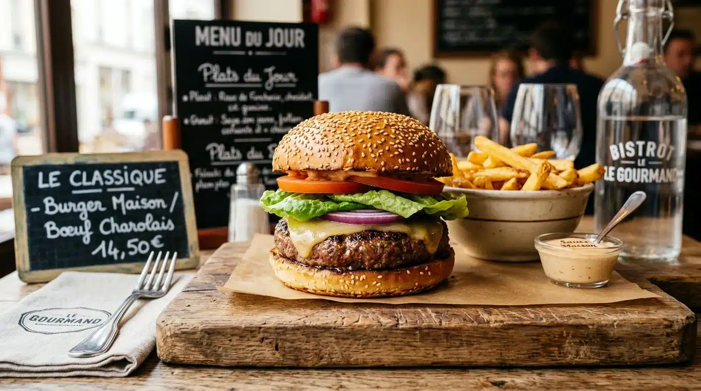 Un burger classique appétissant avec un steak juteux, de la laitue fraîche et une tomate sur un pain brioché.