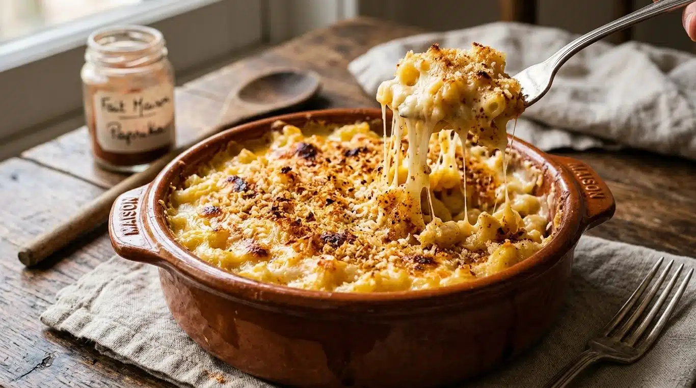 Plat de Mac and Cheese crémeux et gratiné