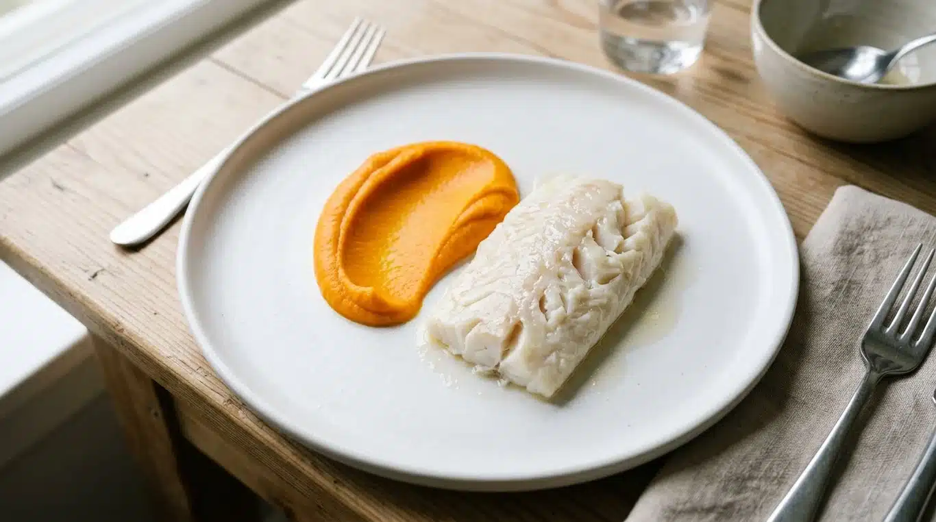 Filet de cabillaud vapeur et sa mousseline de carottes, plat autorisé pour le régime sans résidu.