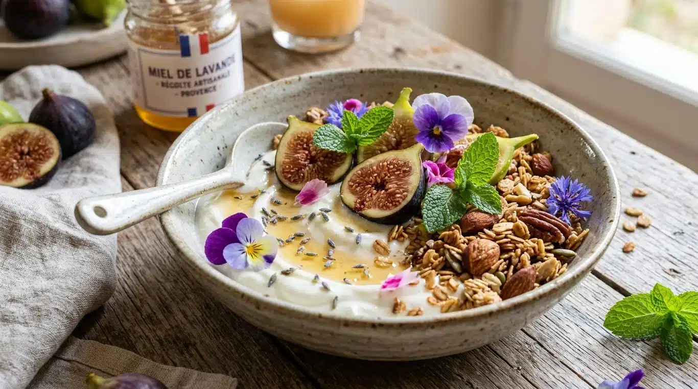 Bowl du Levant, une recette de brunch hyérois avec yaourt, figues, granola et miel.