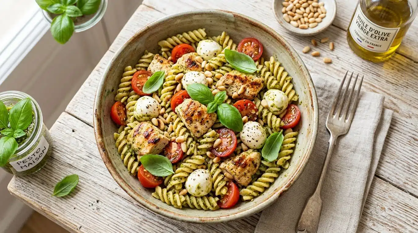 Salade de pâtes au poulet, pesto et mozzarella