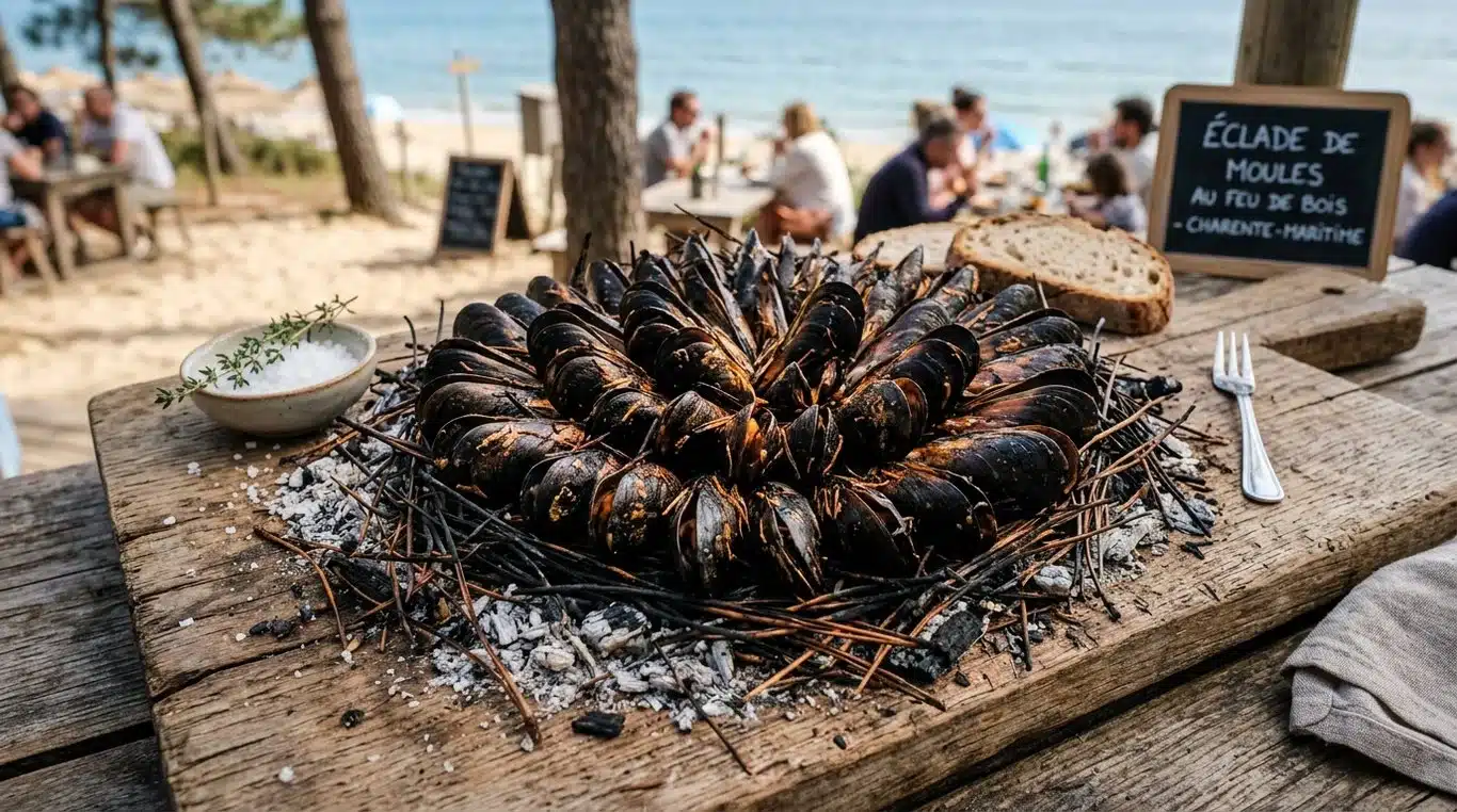 Éclade de moules traditionnelle disposée en rosace sur une planche en bois avec des aiguilles de pin.