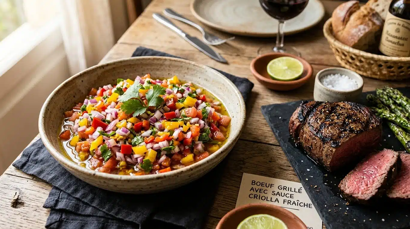 Bol de sauce criolla fraîchement préparée avec des légumes colorés
