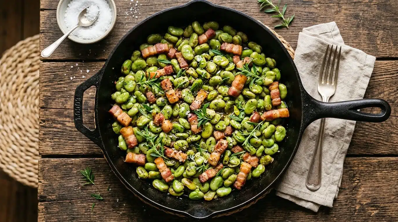 Poêlée de fèves au lard et à la sarriette