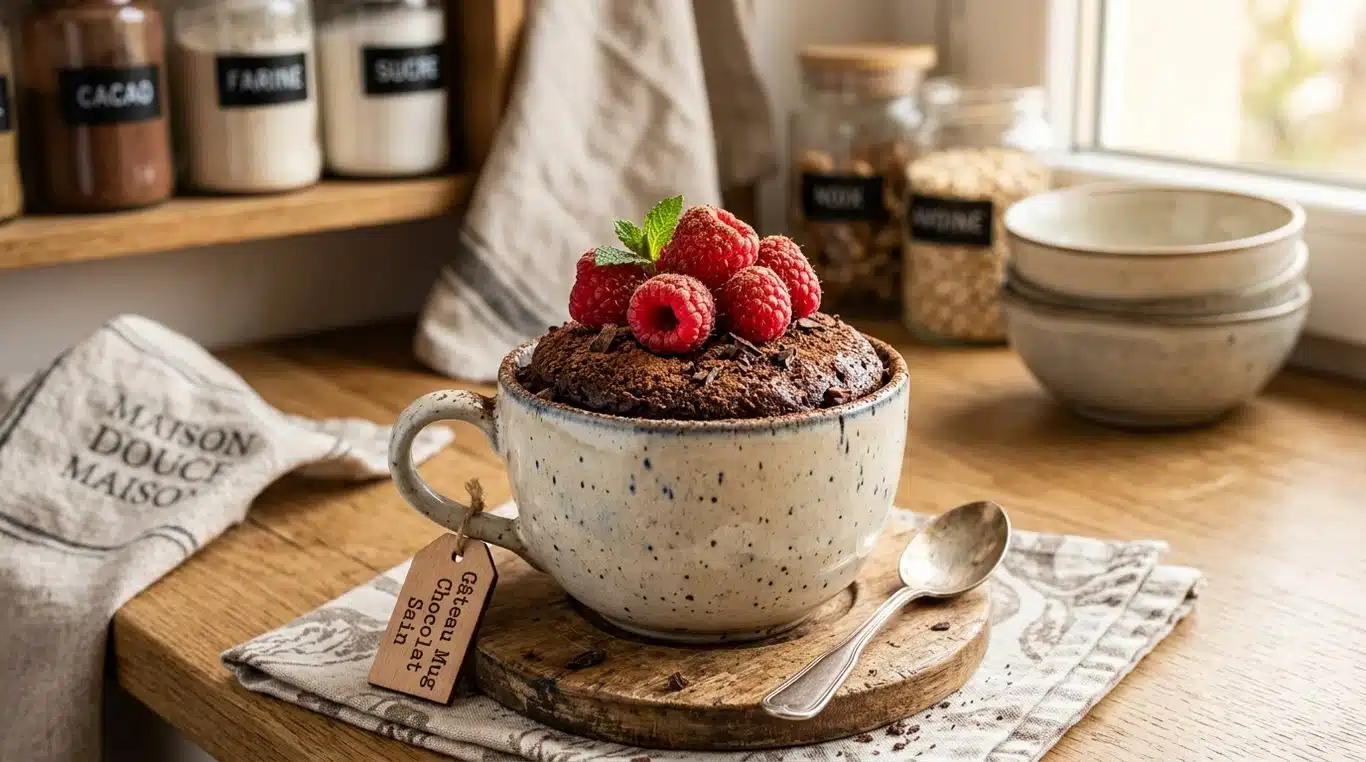 Mug cake healthy au chocolat avec framboises