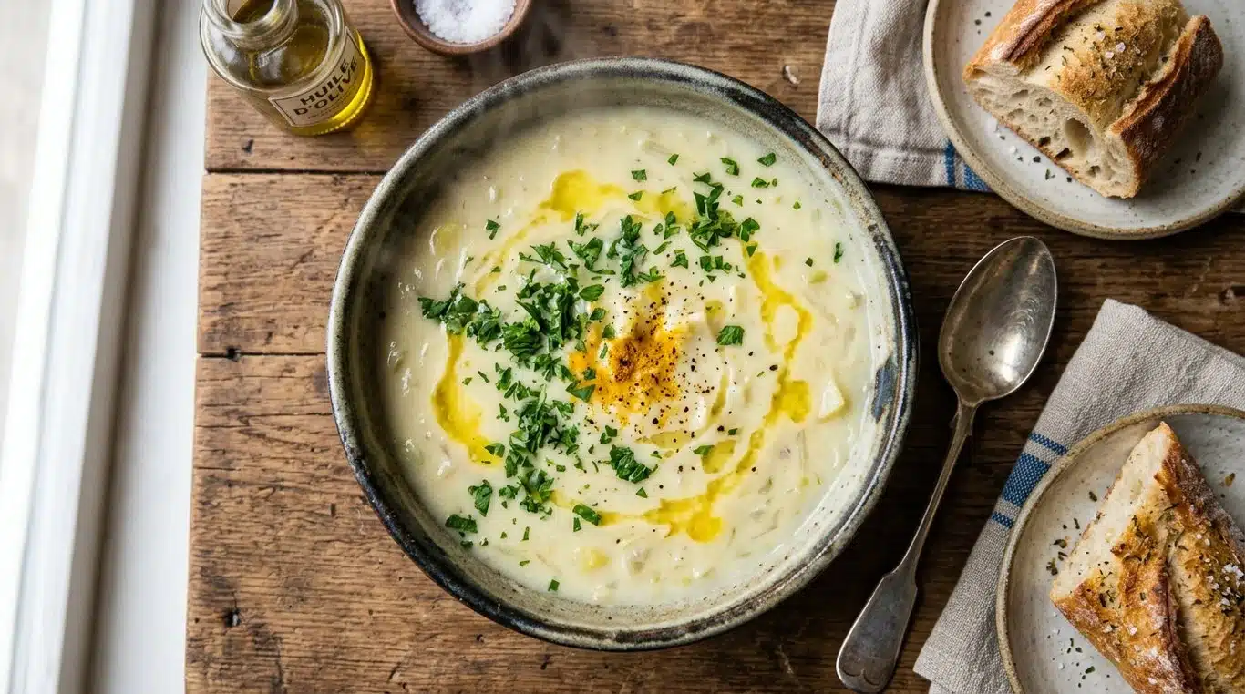 Bol de velouté de chou blanc au curcuma