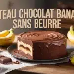 gâteau chocolat banane sans beurre posé sur table en bois avec bananes et chocolat