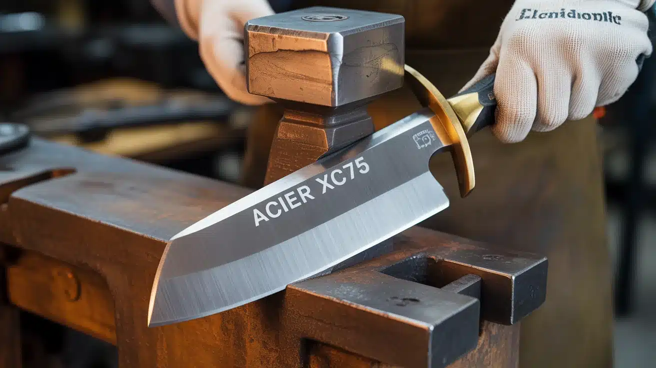 Lame de couteau en acier XC75 avec symboles de forge et traitement thermique