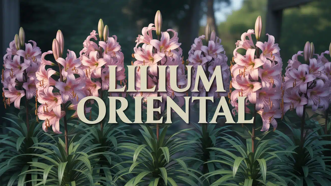 Massif de Lilium oriental en pleine floraison estivale avec feuillage vert