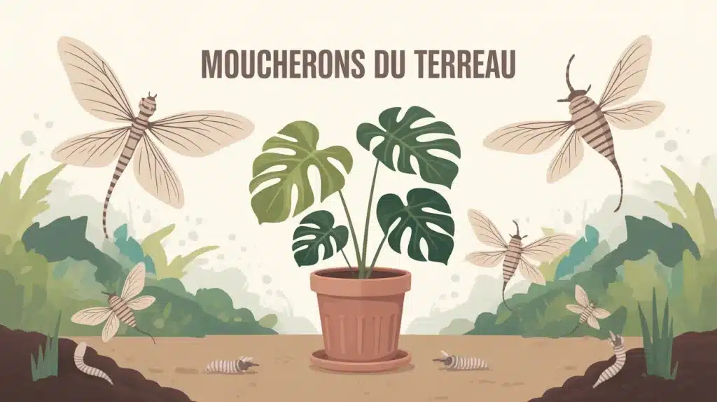 moucherons du terreau volant autour d un pot de plante Monstera et Ficus